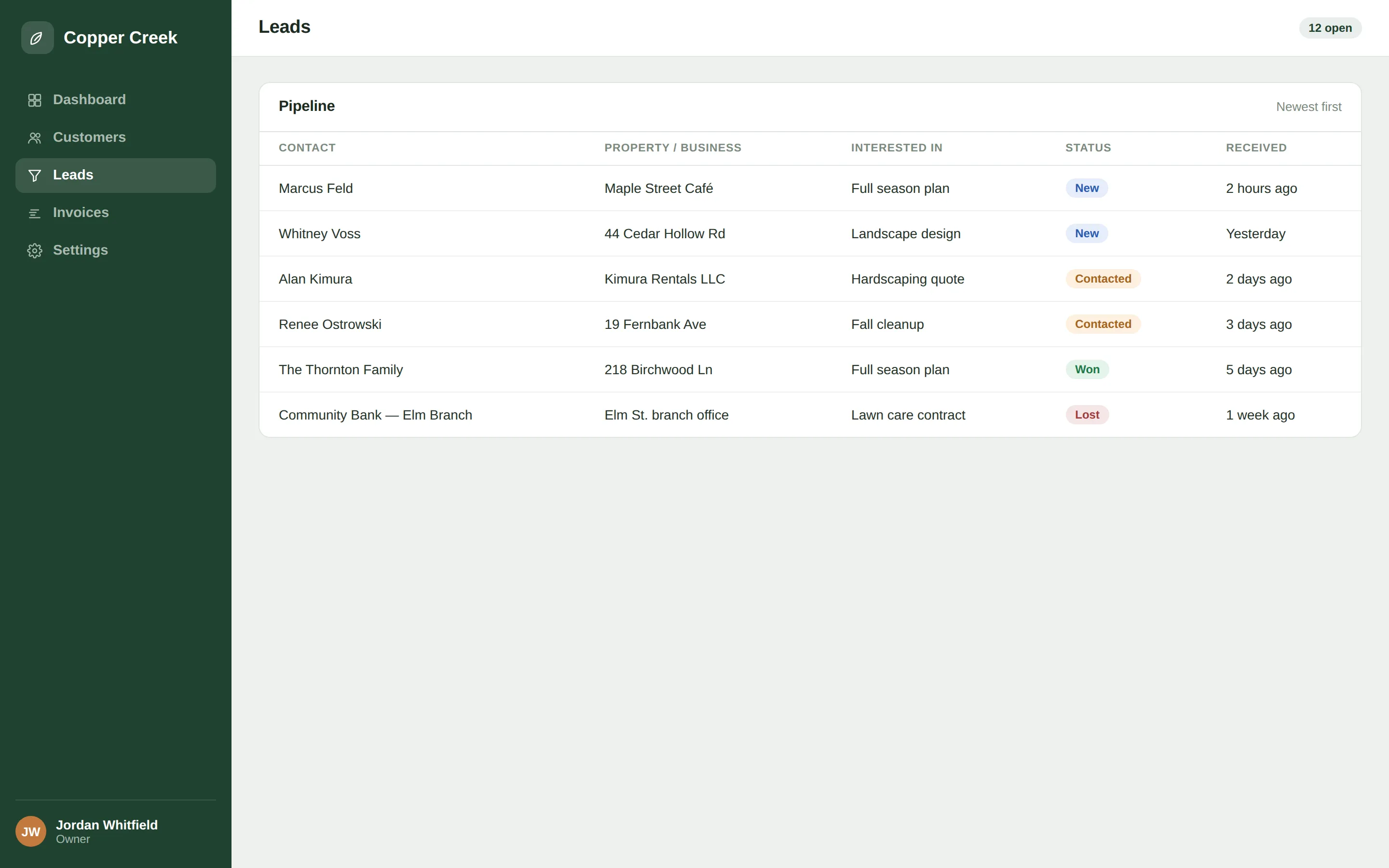 Admin — Leads (CRM) — desktop view